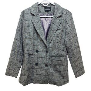 Ebossy Womens Plaid Blazer Jacket Grey & Black Double Breasted Size S